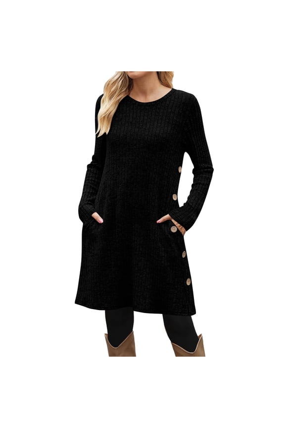 Midi Dresses For Women Sevevn Women's Long Sleeve Dress Tunic Sweater Dresses with Pockets Fashion 2025 Buttons Side