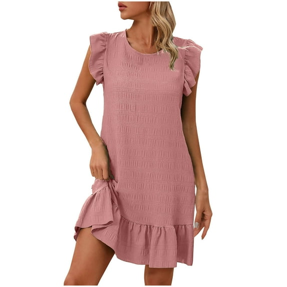Midi Dresses For Women Summer Casual Sleeveless Crew Neck Solid Color Flowy Pleated Mini Short Dresses for Women Trendy Pink S