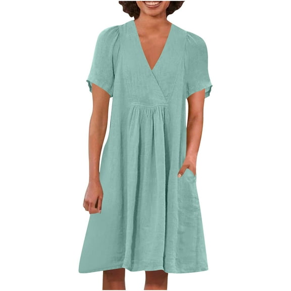 Midi Dresses For Women With Sleeves Summer Casual A-Line Flowy V-Neck Short Sleeve Pleated Short Dresses with Pockets Mint Green M