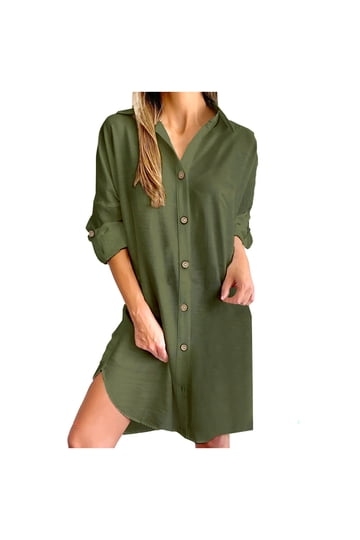 army green casual dress Women's Casual Button-Front Midi Dress Drawstring Waist & Pockets Woven Lounge Shirt Dress for Summer,XL,Army green : Target