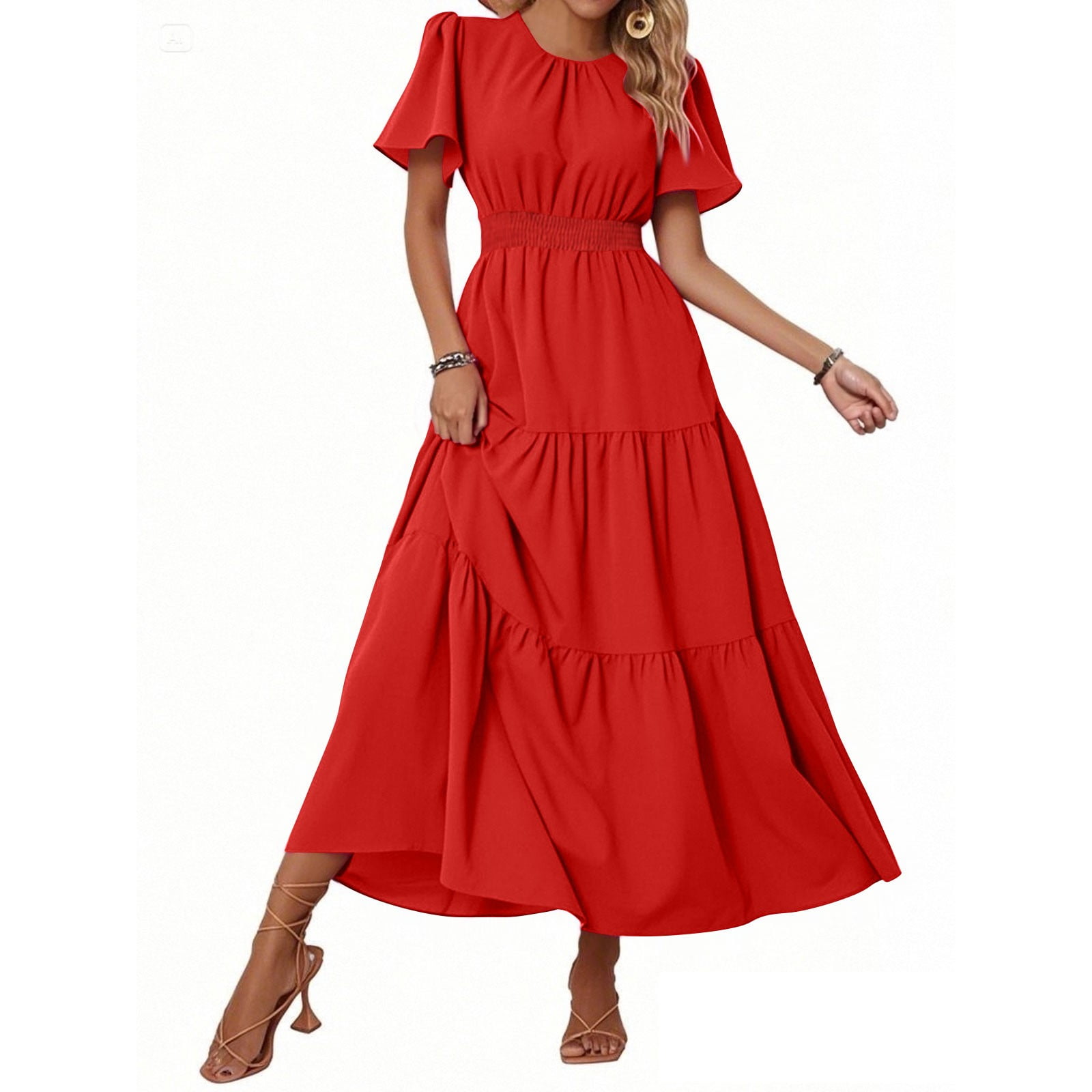 Midi Dresses For Women, 2025 Summer Elegant Casual Round Neck Ruffled ...