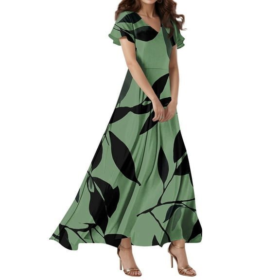 Midi Dresses For Women, 2025 Summer Floral Dress V Neck Short Sleeve High Waist Casual Cotton Dress Wedding Guest Easter Beach Party Retro Boho Church Sundress Stretch Dresses (XXL, Green) ZMTing