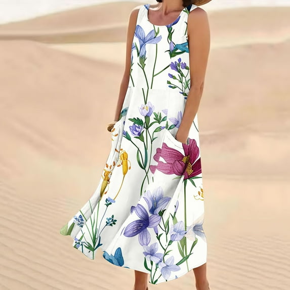 Midi Dresses for Women Cotton Linen Casual Summer Dresses Oversized Tunic Dress Plus Size Round Neck Printed Sleeveless Vest Dress Flowy Dress Baggy Beach Long Dress Sundress Multicolor XXXL