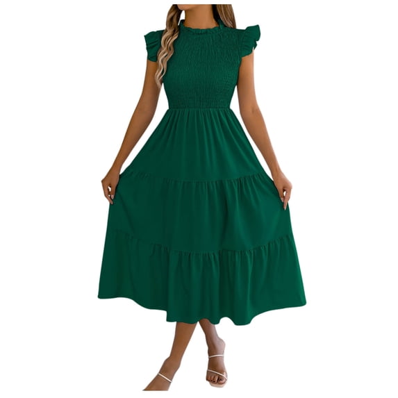 Midi Dresses for Women Layer Cap Sleeve A-Line Dress Lightweight Casual Sundresses Ruched Crew Neck Dress Business Casual Outfits 2026 Spring Summer Vacation Outfits
