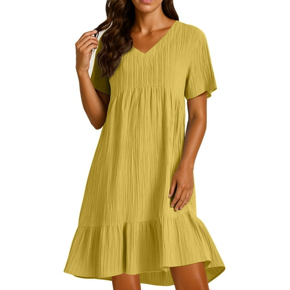 Midi Dresses for Women Lightweight Knee Length V Neck Cotton Linen Cute Pleated Dresses Short Sleeve Ruffle Tiered Layered Work Short Dresses Yellow 3XL