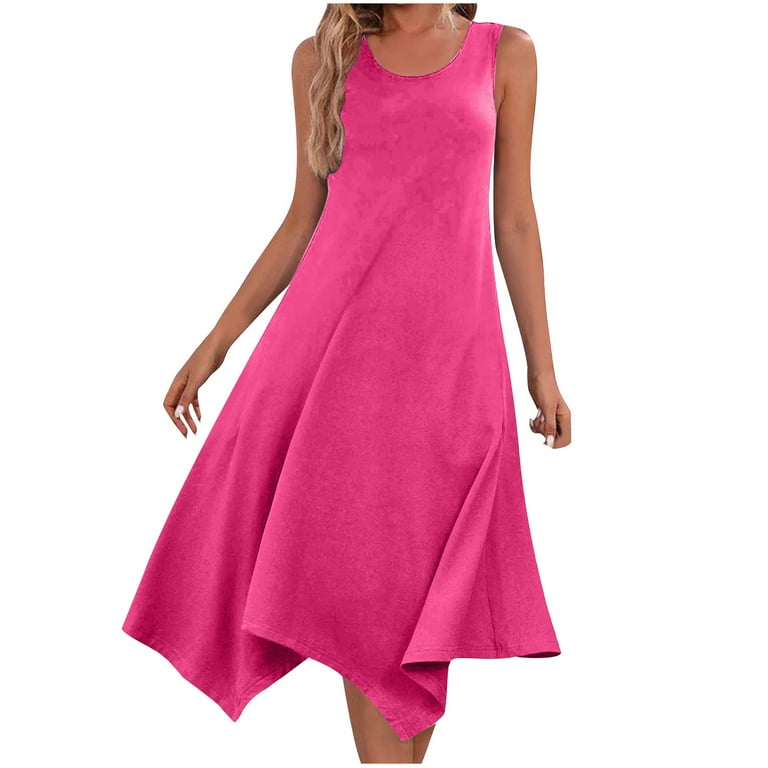 Midi Dresses for Women Sleevelesss Casual Solid Color Loose Fit Swing Hem Summer Dresses for Women 2024 Womens Dresses Short Sleeve V Neck Drawstring