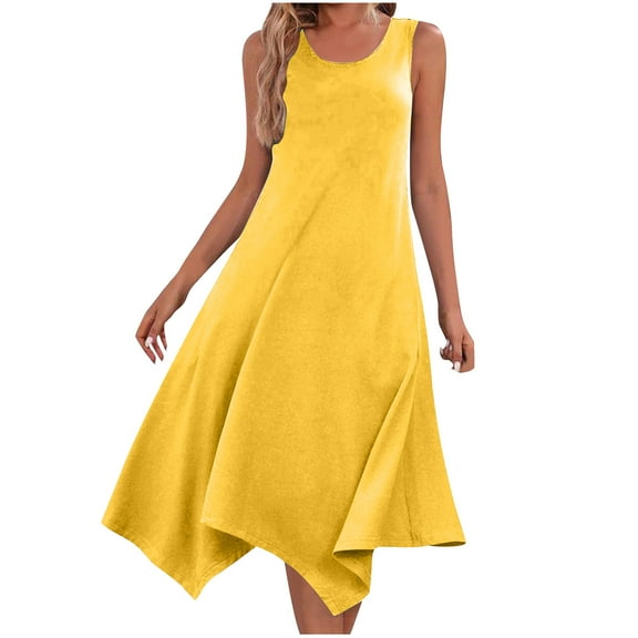 Midi Dresses for Women Sleevelesss Casual Solid Color Loose Fit Swing Hem Summer Dresses for Women 2024 Womens Dresses Short Sleeve V Neck Drawstring Casual Ruffle A-Line Mini Dress(Yellow,S)