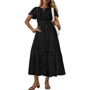 Midi Dresses for Women Women's Fashion Sexy Solid Short Sleeve V-Neck Pleated Dresses Long Dress Midi Maxi Dresses Elastic Waist Boho Beach Dress Pockets Sun Dresses Women