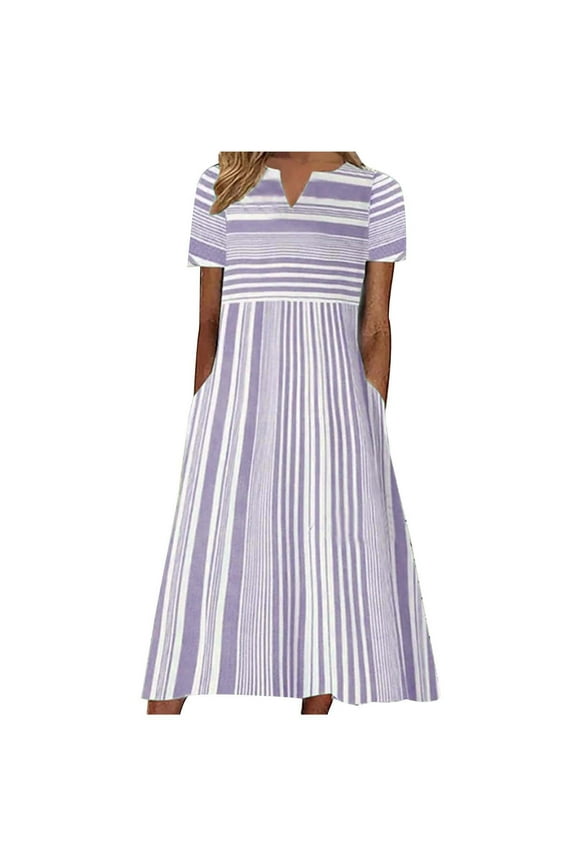 Midi Dresses Women's Striped Print Casual Short Sleeve V-Neck Pocketed Summer Dress Calf Length