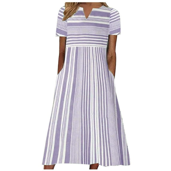 Midi Dresses Women's Striped Print Casual Short Sleeve V-Neck Pocketed Summer Dress Calf Length