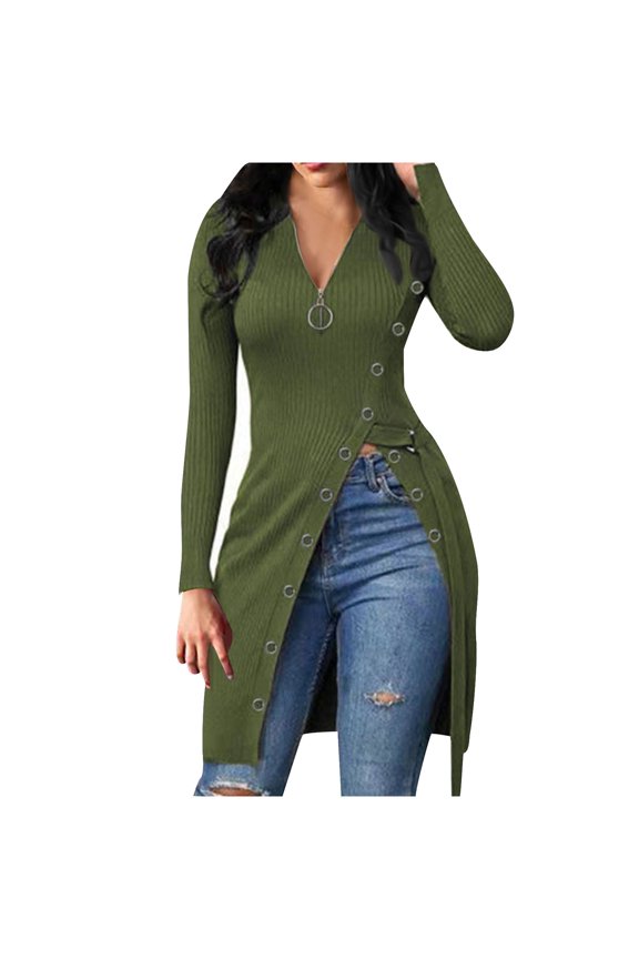 Midi Dresses for Womens Fall Waffle Knit Long Sleeved Fall Dresses for Women Solid Color Slim Fitting Threaded Button Split Maxi Dress High Split Mid Calf Dress Army Green 3XL