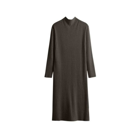 Midi Dresses Womens Long Sleeve Midi Sweater Dress Wrap Crew Neck Pleated a Line Flare Elegant Knit Maxi Dress S-176 Coffee One Size