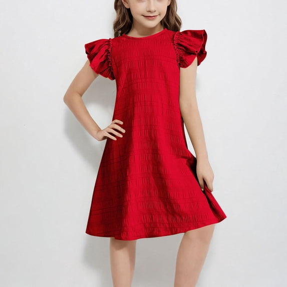 Midi Dresses for Girls 2025 Size 4-15 Teens Kids Lightweight Solid Ruffle Sleeve Crewneck Loose Pullover Beach Dress