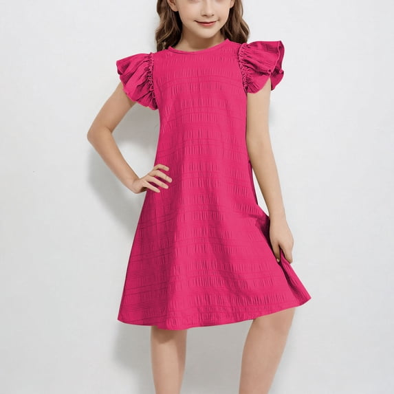Midi Dresses for Girls 2025 Size 4-15 Teens Kids Lightweight Solid Ruffle Sleeve Crewneck Loose Pullover Beach Dress