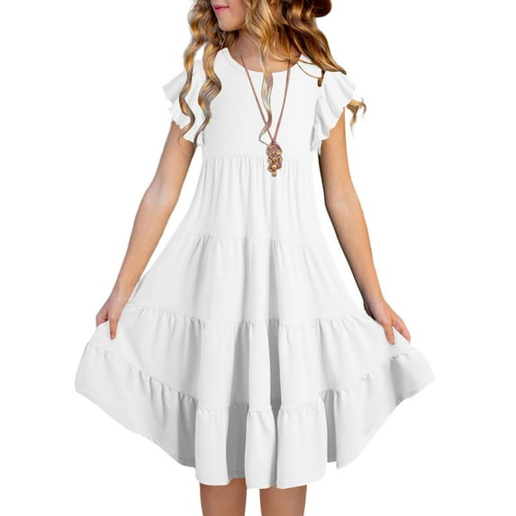 Midi Dresses for Girls Summer Size 6M-15Y Teens Toddlers Trendy Ruffle Sleeve Crewneck Solid Layered Vacation Dress