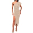 thumbnail image 1 of Midi Dresses for Lady Casual One Shoulder Dresses for Women Ruffle Sleeve Long Formal Gowns, Ruched Bodycon Wedding Guest Slit Maxi Dresses Beige L, 1 of 7