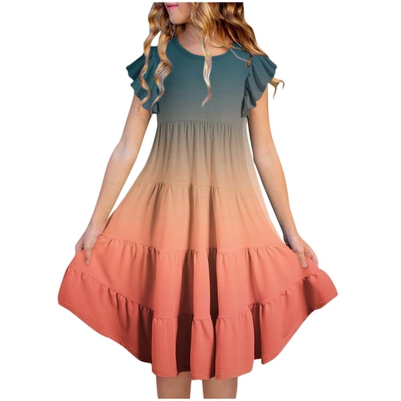Midi Dresses for Teen Girls Size 6-15 Ruffle Cap Sleeve Sundresses Kids Trendy Gradient Printed Crew Neck Layered Summer Beach Dress
