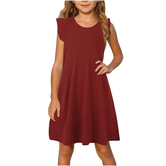 Midi Dresses for Teens Girls Ruffle Sleeveless Round Neck Sundresses Tweens Juniors Trendy Solid Color Pullover Going-Out Summer Dress 4-14 Years