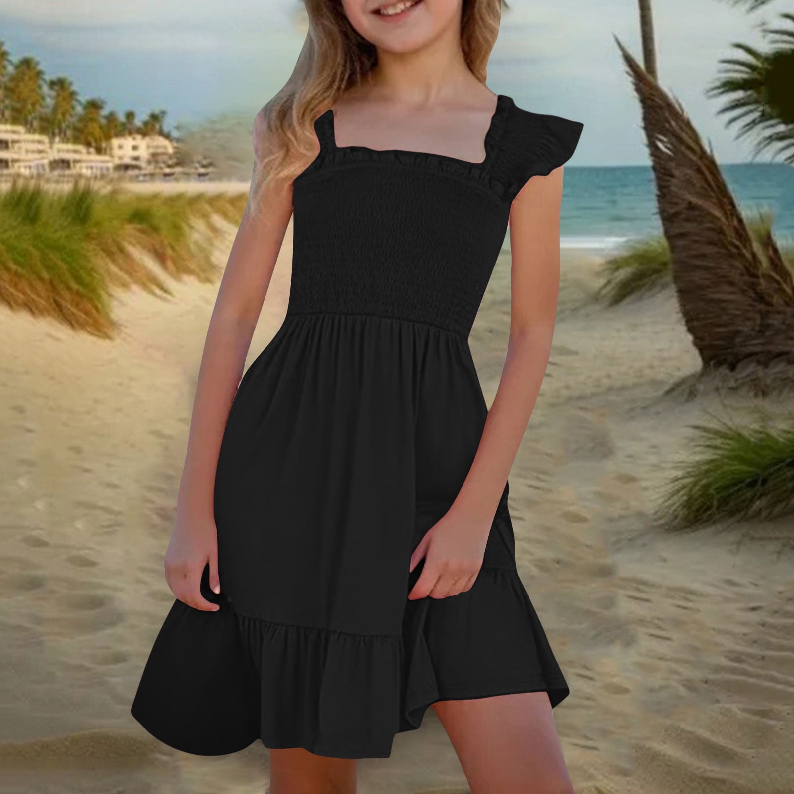Midi Dresses for Teens Girls Ruffle Sleeveless Square Neck