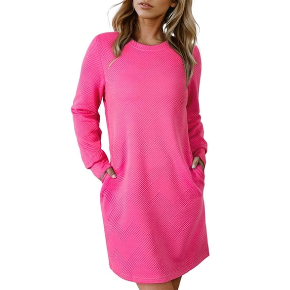 Midi Dresses for Women Fashionable Solid Color Long Sleeved Round Neck Pocket Casual Fall Dress Fashion Beach Vacation Clothes
