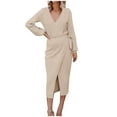 thumbnail image 1 of Midi Dresses for Women Long Sleeve V Neck Tie Waisted Wrap Dress Elegant Formal Dress Solid Color Split Work Midi Dress, 1 of 7