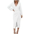 thumbnail image 1 of Midi Dresses for Women Long Sleeve V Neck Tie Waisted Wrap Dress Elegant Formal Dress Solid Color Split Work Midi Dress, 1 of 7