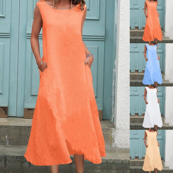 Midi Dresses for Women Plus Size Crewneck Sleeveless Summer Dress with Pockets Comfort for Daily Weekend Causal Beach Dress