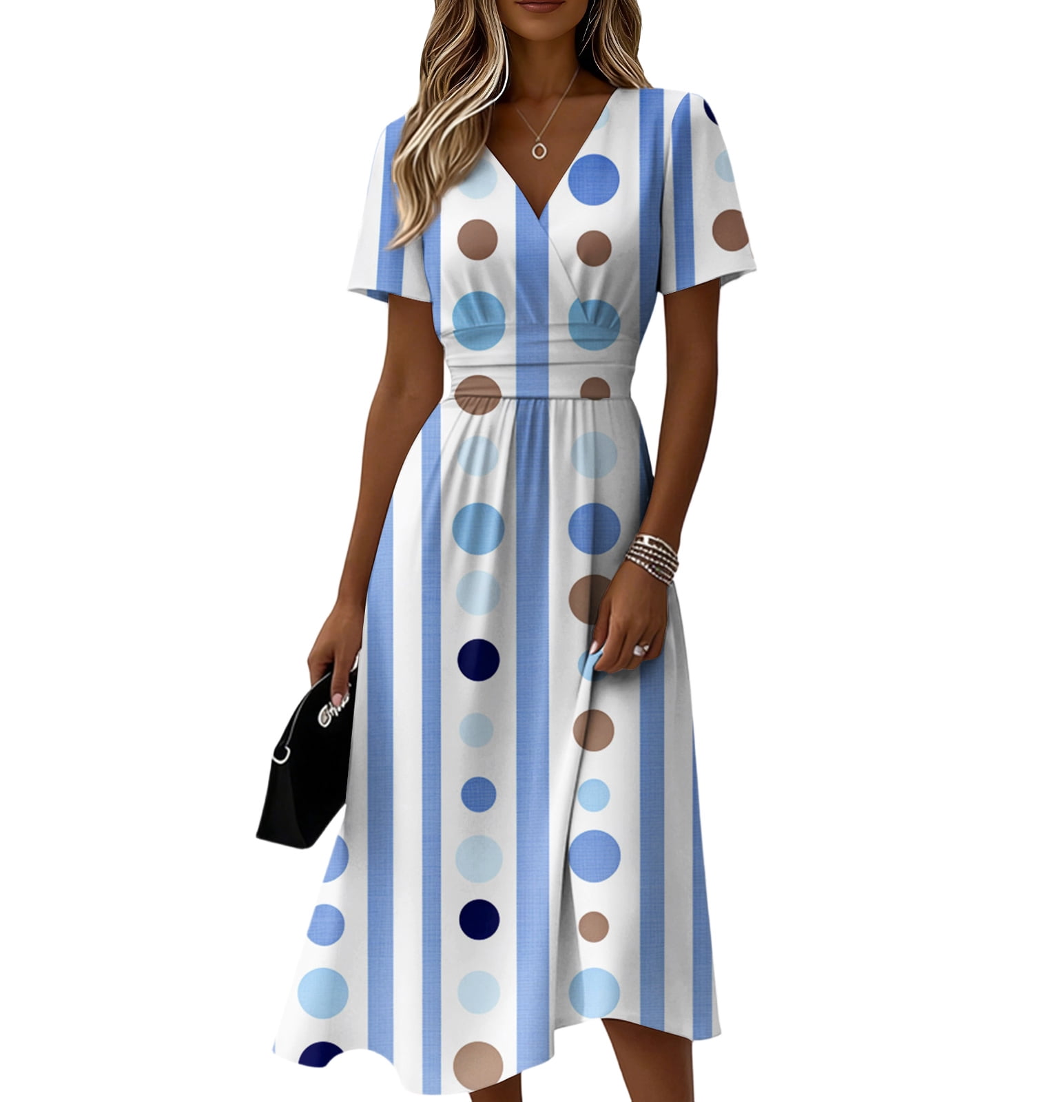 Midi Dresses for Women Short Sleeve Wrap V-Neck High Waist Sundress A ...