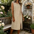 thumbnail image 1 of Midi Dresses for Women Summer Casual Crewneck Sundress Solid Color Loose Sleeveless Beach Holiday Everyday Linen Dress Size S-3XL, 1 of 6