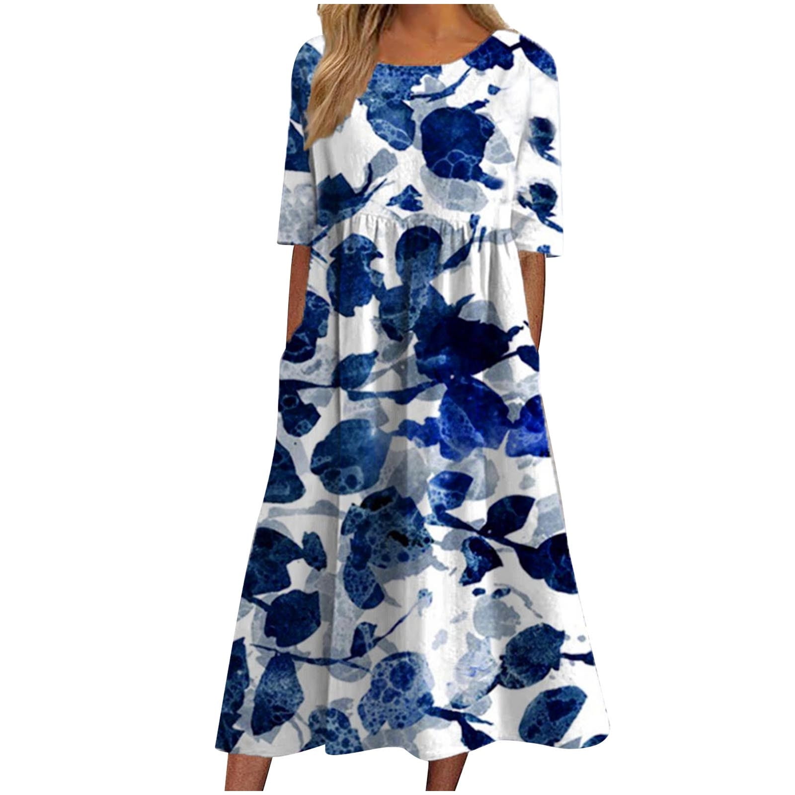 Midi Dresses for Women Summer Casual Loose Boho Floral Print Crewneck Short Sleeve Knee Length