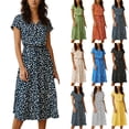 thumbnail image 1 of Midi Dresses for Women V Neck Short Sleeve Loose Summer Casual Office Beach Polka Dot Botton Dress, 1 of 7