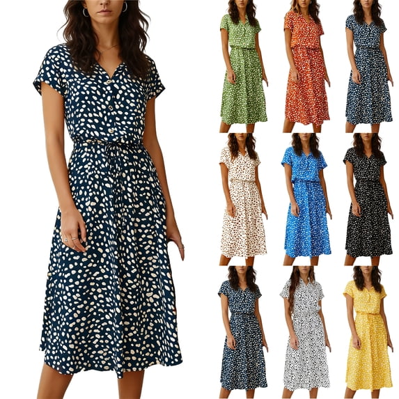 Midi Dresses for Women V Neck Short Sleeve Loose Summer Casual Office Beach Polka Dot Botton Dress