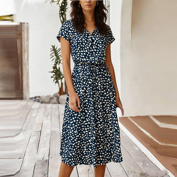 Midi Dresses for Women V Neck Short Sleeve Front Bottons Drawstring Waist Loose Summer Casual Office Work Beach Polka Dot Dress