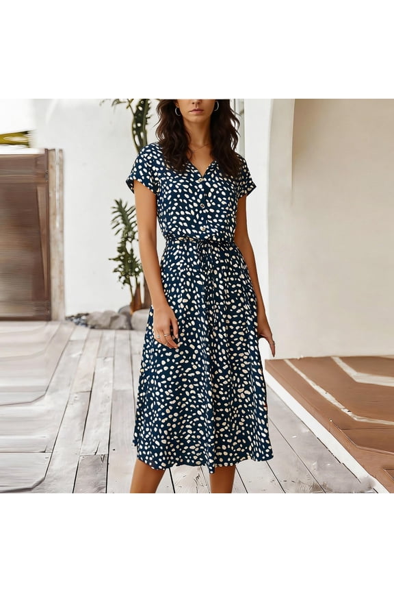 Midi Dresses for Women V Neck Short Sleeve Front Bottons Drawstring Waist Loose Summer Casual Office Work Beach Polka Dot Dress