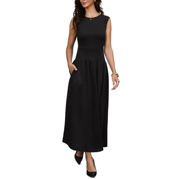 Midi Dresses for Women's High Waist Sleeveless Pockets Casual Work Dress M Black