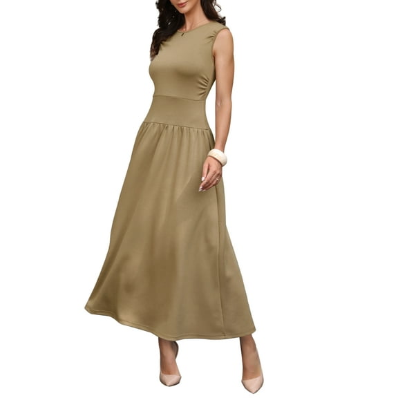 Midi Dresses for Women's High Waist Sleeveless Pockets Casual Work Dress XS Khaki