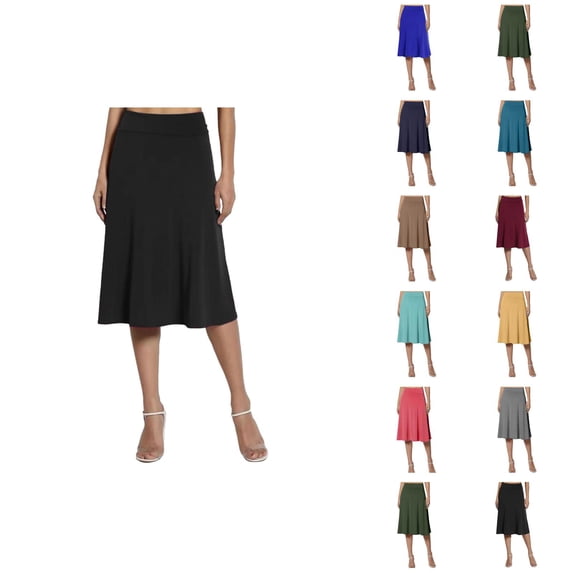 Midi Flare Skirt for Women Summer High Waisted Basic Solid Knee Length Lightweight Casual Pull on Closure Skirt