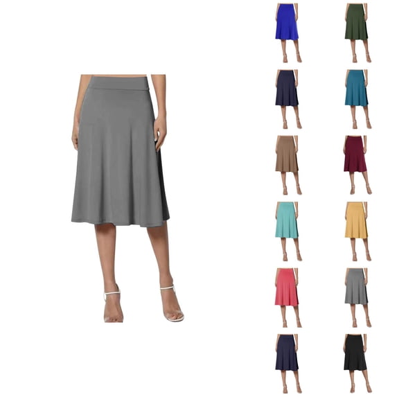 Midi Flare Skirt for Women Summer High Waisted Basic Solid Knee Length Lightweight Casual Pull on Closure Skirt