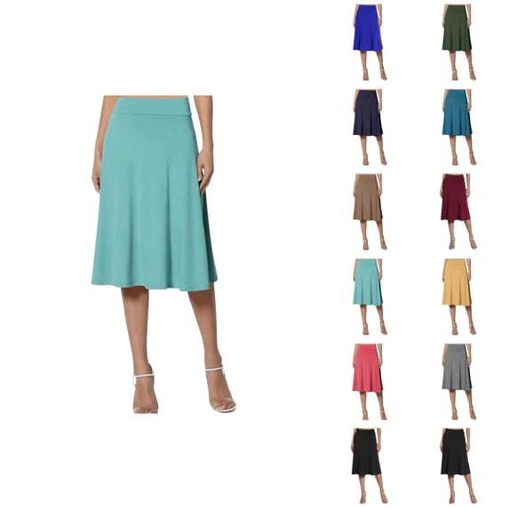 Midi Flare Skirt for Women Summer High Waisted Basic Solid Knee Length Lightweight Casual Pull on Closure Skirt