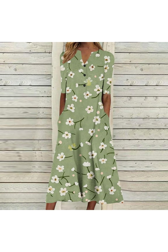 Midi Floral Dresses for Women with Sleeve,Sriper ,V Neck Short Sleeve Maxi T Shirt Dress with Pockets,Ropa Mujer Verano,Sundresses for Juniors,Green 3X