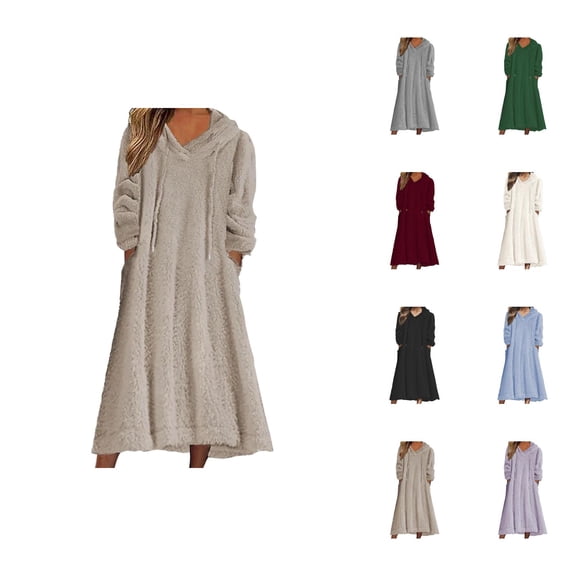 Midi Hoodie Dress for Women 2025 Fall Winter Long Sleeve Fleece Fuzzy Cute Hooded Sweatshirt with Pockets