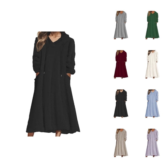 Midi Hoodie Dress for Women 2025 Fall Winter Long Sleeve Fuzzy Cute Hooded Sweatshirt with Pockets