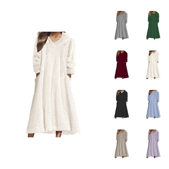 Midi Hoodie Dress for Women 2025 Fall Winter Long Sleeve Fuzzy Cute Hooded Sweatshirt with Pockets