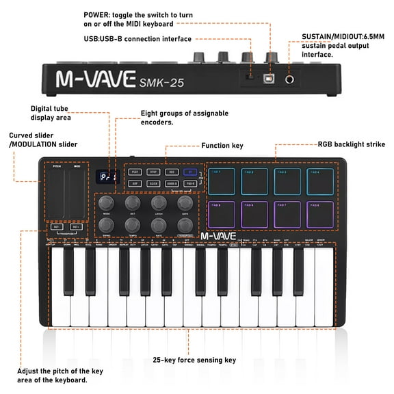 Midi Keyboard Controller 25 Key Portable Mini & USB Midi Piano with 8 Backlit Drum Pad