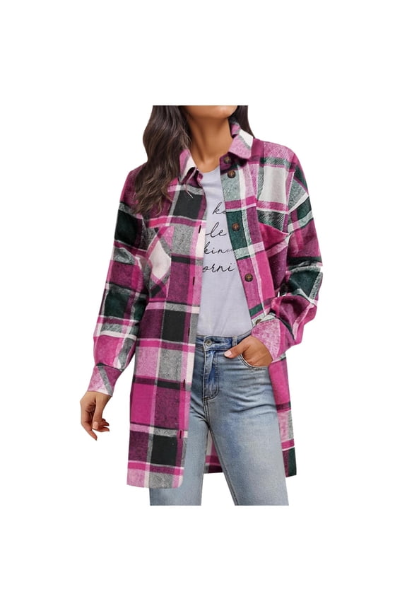 Midi Long Flannel Jacket Women Plaid Shacket Button Down Shirt Jackets Gingham Pattern Fall Jacket Cozy Trench Coat