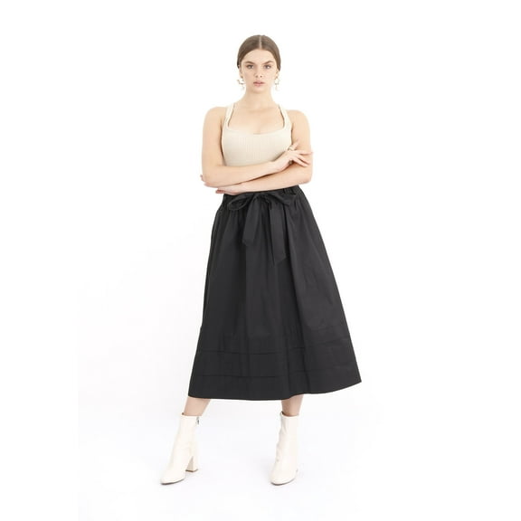 Midi Paperbag Black Skirt High Waisted Flare Elastic Waist Band Paper Bag Belted Skirt