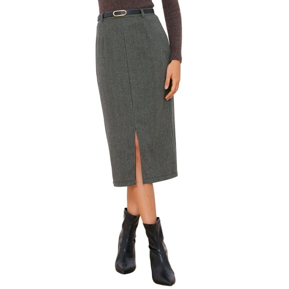 INSPIRE CHIC Midi Pencil Skirt for Women Fall Winter High Waisted Slit Office Work Skirts with Belt XS Black