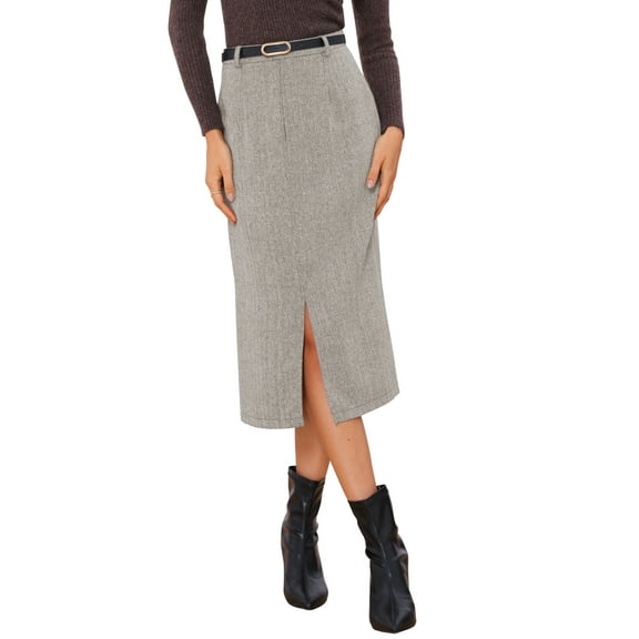 INSPIRE CHIC Midi Pencil Skirt for Women Fall Winter High Waisted Slit Office Work Skirts with Belt XS Coffee