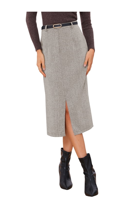 Midi Pencil Skirt for Women Fall Winter High Waisted Slit Office Work Skirts with Belt XS Coffee