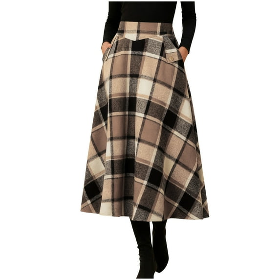Midi Plaid Skirt for Women Button Detail Casual Flared Vintage High Waist A Line Mid-Length Tartan Skirts with Pockets
